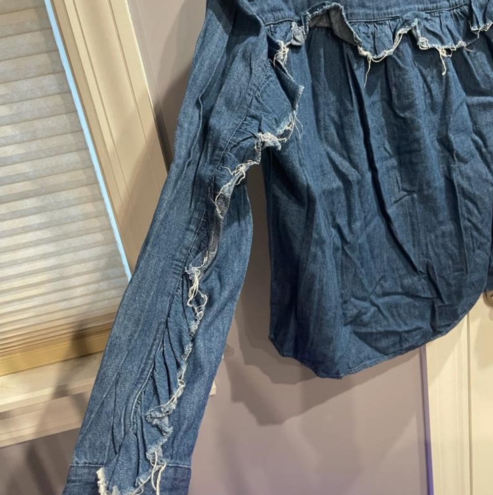 Zara Denim Button Down Collared Ruffle Shirt - image 8